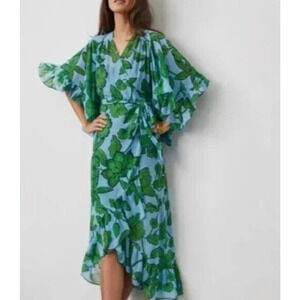 Cabi Dress Womens Extra Large Blue Green Derby Wrap Tie Ruffle Floral Flowy 5815